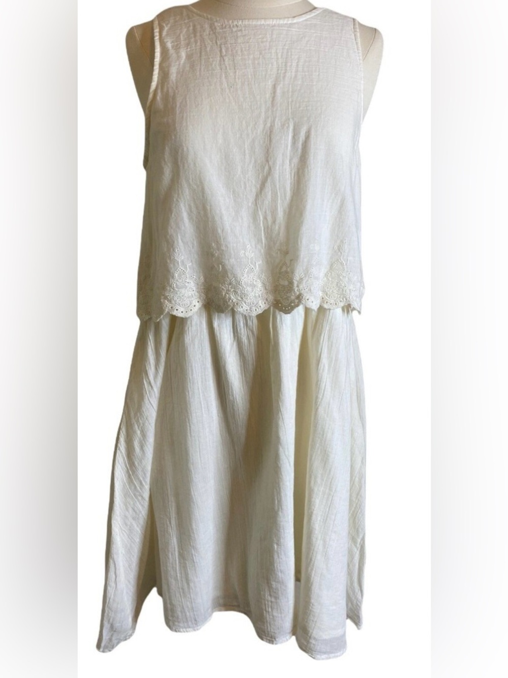 H&M Cream 100% Cotton Sleeveless Eyelet Hem A-Line Dress